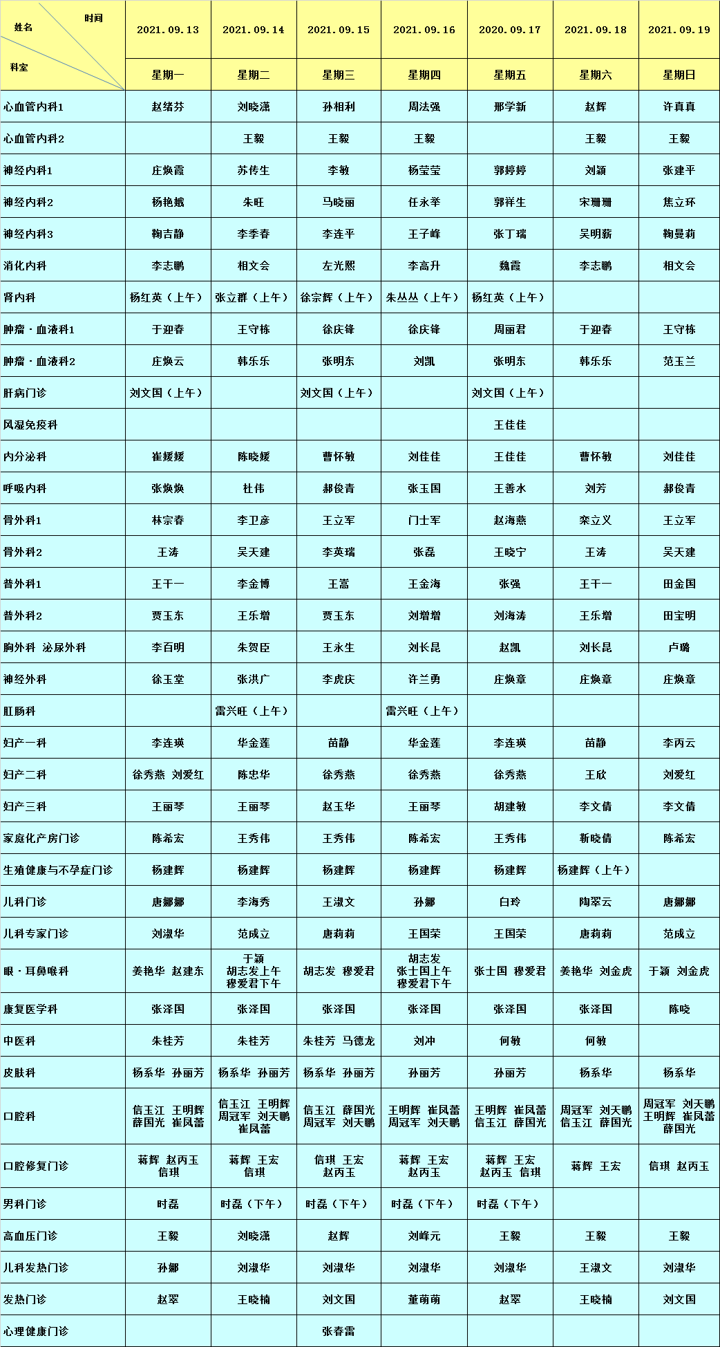 【9月13日-9月19日】高唐县人民医院门诊值班表