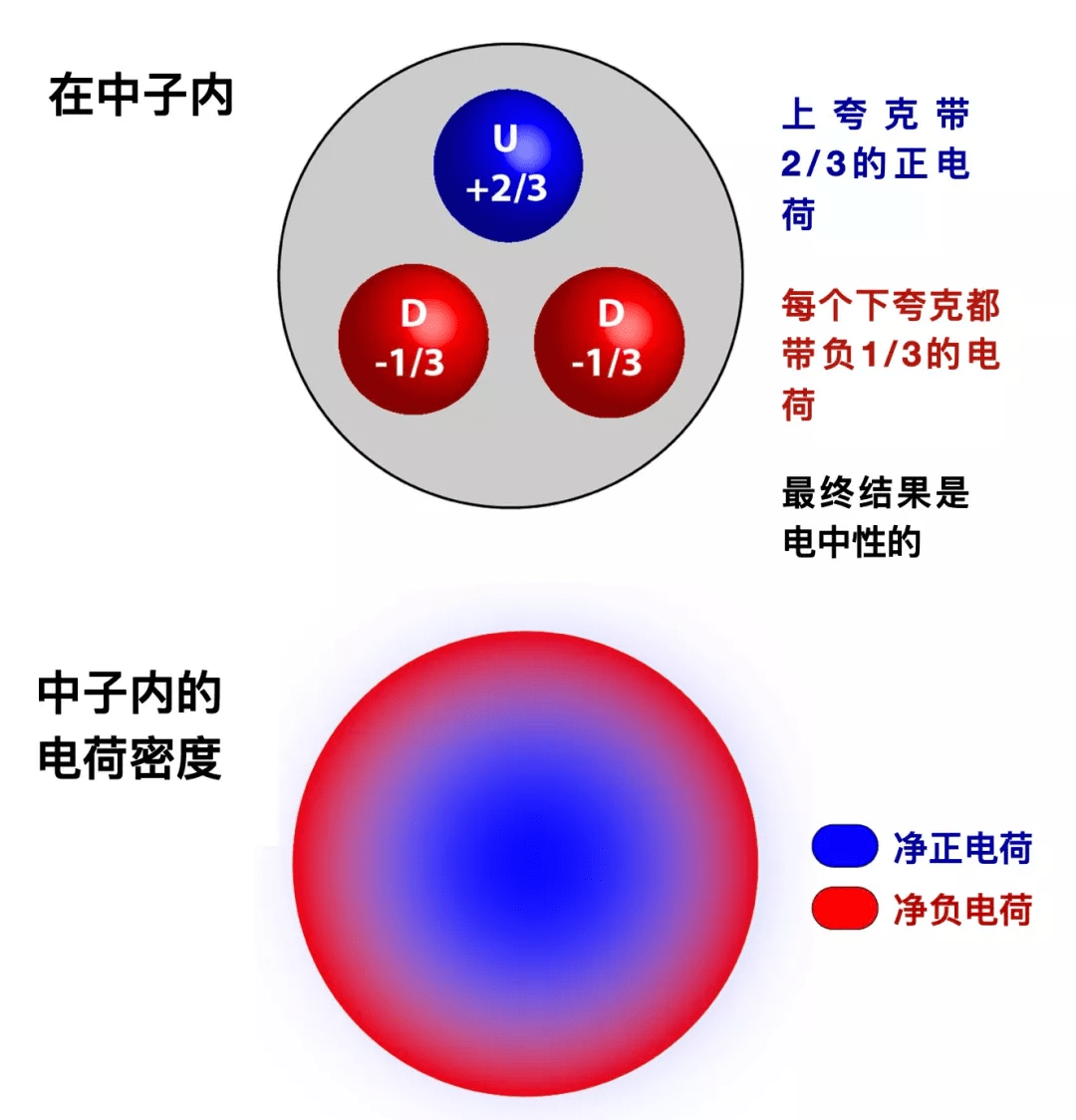 原子核中的每个中子都是由三个夸克子组成的,三个夸克的电荷之和为零