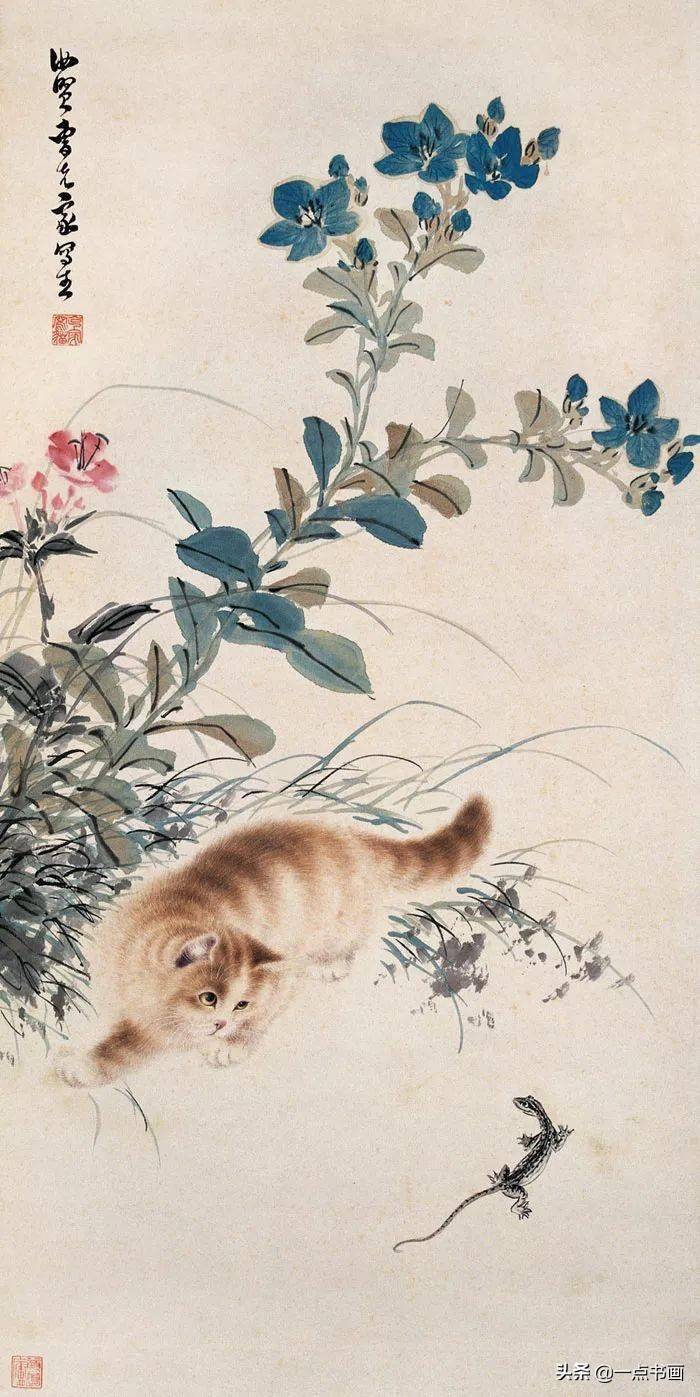 売り出し猫 花 蝶 肉筆 水墨画 詳細不明 中国美術 中国 掛軸
