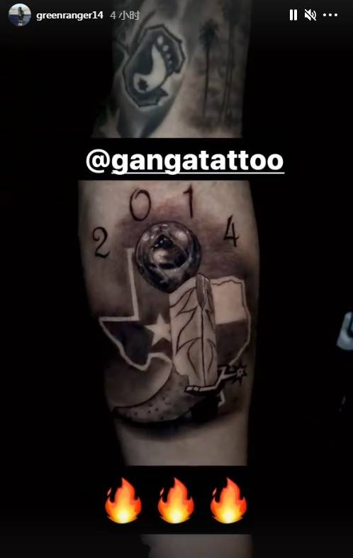 丹尼-格林晒最新文身:2014年马刺总冠军主题