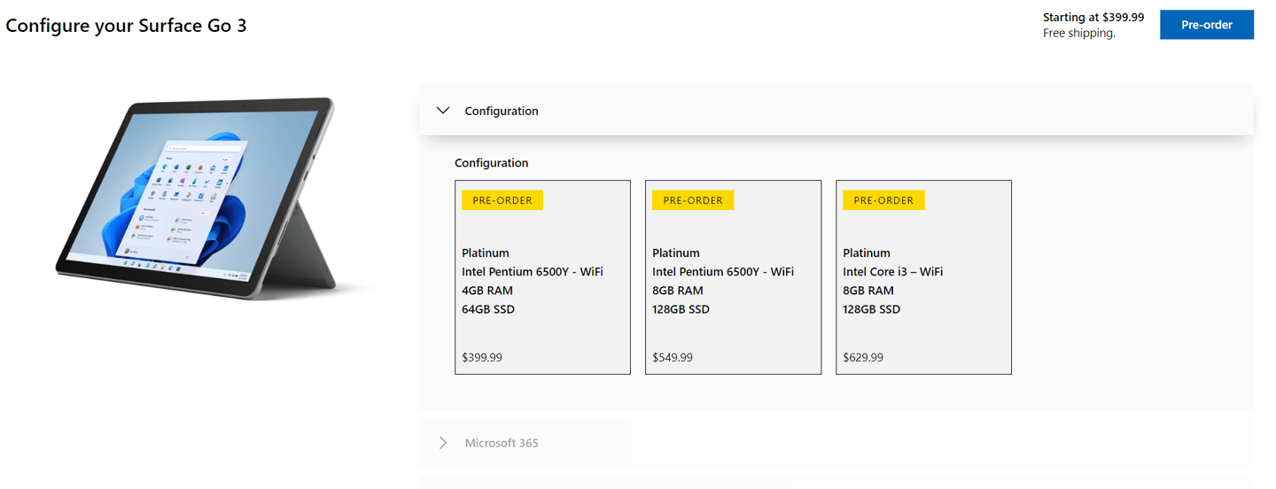 微软美国官网显示Surface Go 3 有64GB SSD 版本，可能是错误_Windows