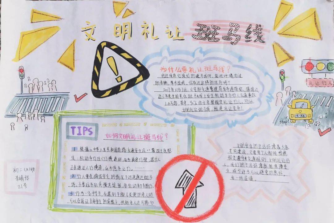 海实德育处组织初中部学生制作以"文明礼让斑马线"为主题的手抄报