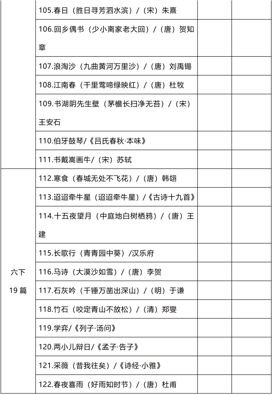 统编教材16年级全册130篇古诗文背诵过关表附电子打印版