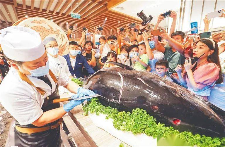 三亚·亚特兰蒂斯大型金枪鱼开鱼仪式吸引观众围观.记者 武威 摄