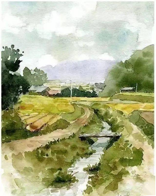 日本画家楢崎清春田园风格的水彩插画