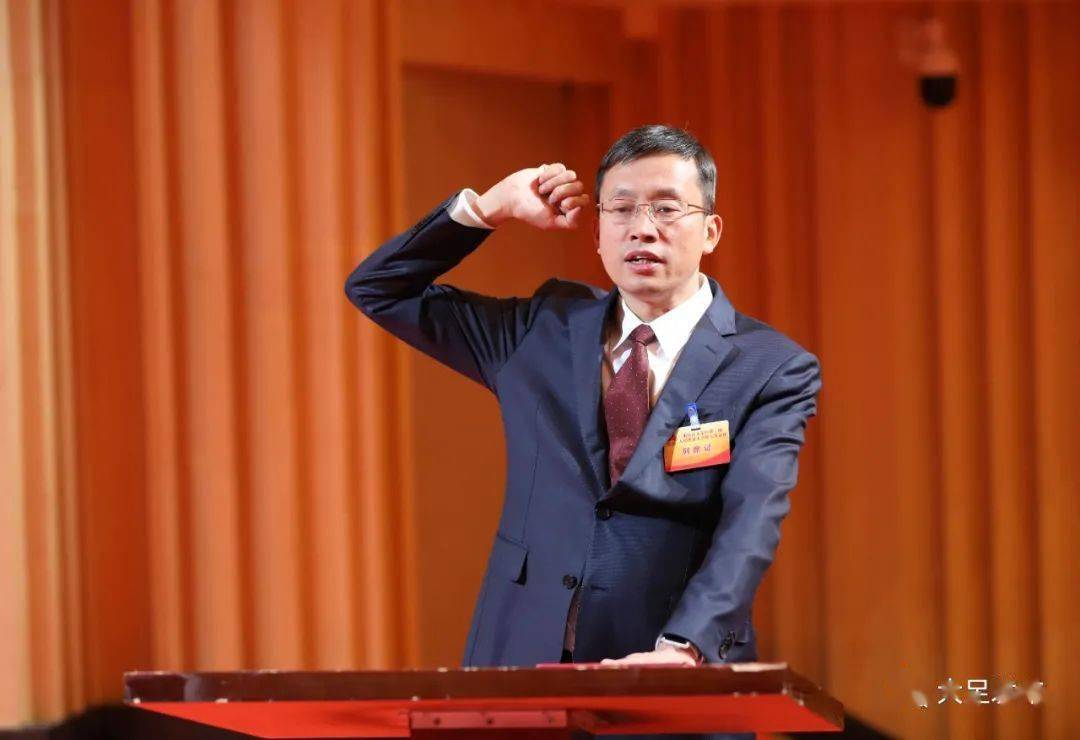 徐晓勇抚按《中华人民共和国宪法》,面向国旗国徽庄严宣誓.