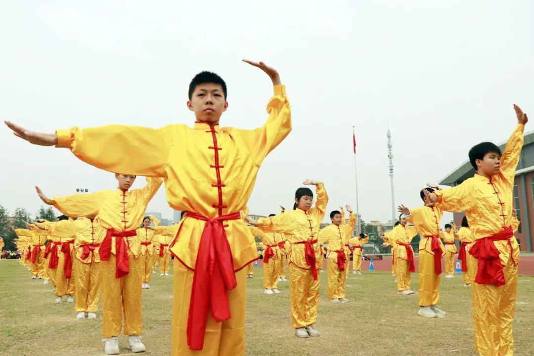 初中部7年级:武术操表演起式抱拳,虚步亮掌,正前踢腿,弓步冲拳……身