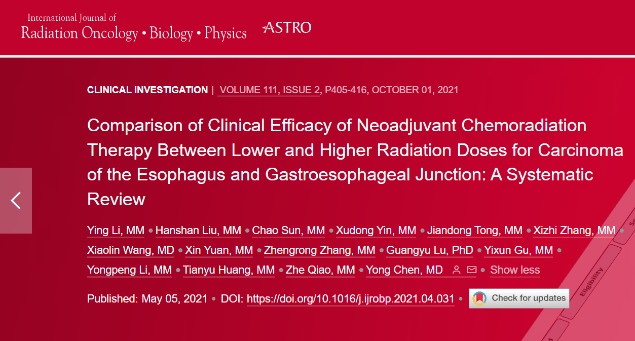 我院肿瘤科研究团队在TOP期刊 INT J RADIAT ONCOL 上发表论文_放疗