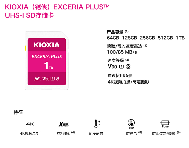 系列|铠侠 EXCERIA PLUS 1TB SD 卡上架：写入 85 MB/s，1999 元