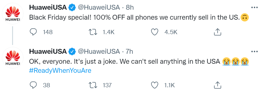 华为官方调侃：所有美国在售华为手机享100%折扣