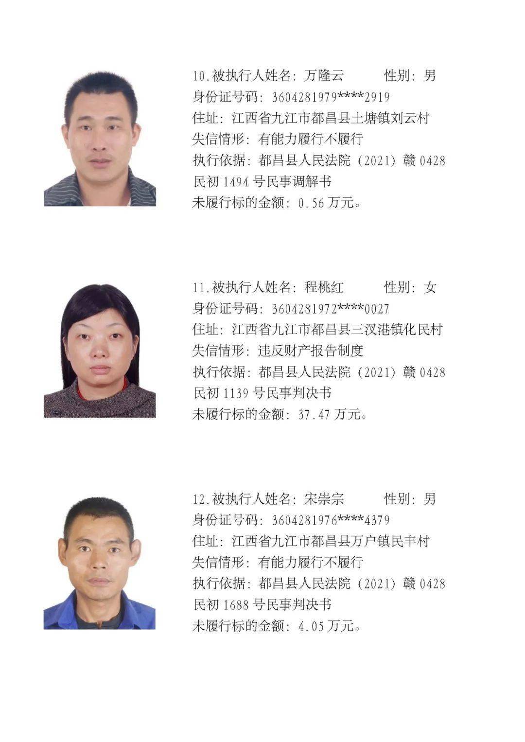 都昌县人民法院公布2021年第七批失信被执行人名单