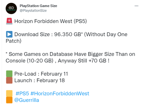 Size|《地平线西部禁域》PS5容量曝光 无首日补丁达96GB