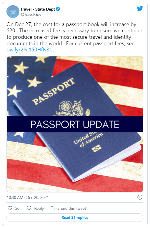 美国护照费下周起涨价 新领、换发最高可花费165美元
