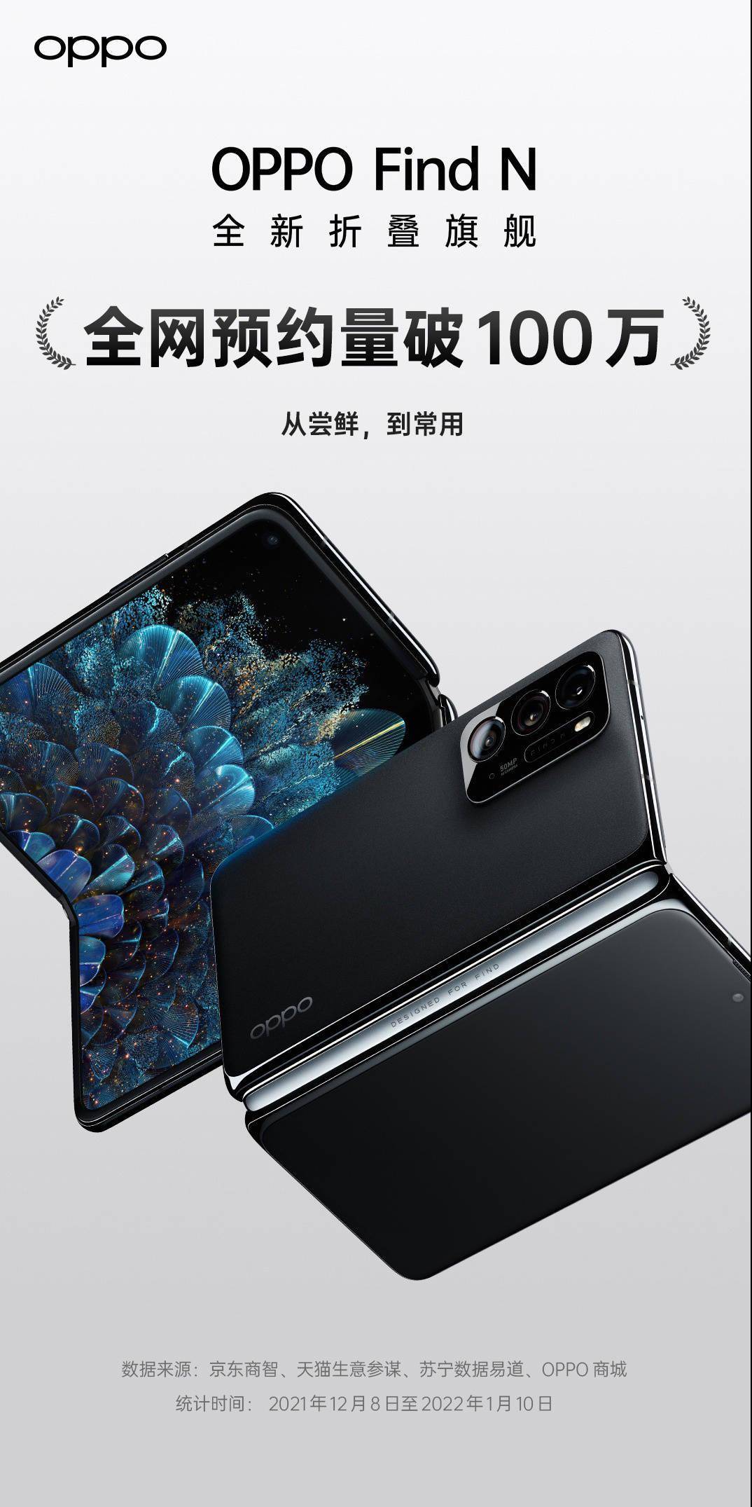 手机|OPPO Find N 折叠手机全网预约量破百万，1 月 14 日再次开售