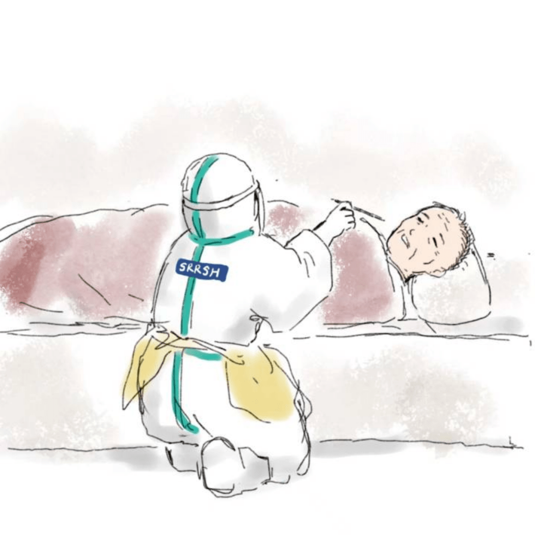 下面这副漫画是一位医生跪在地上给病床上的老人采样,是我科室的同事