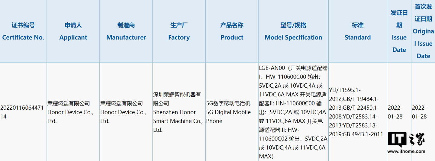 全年|荣耀 5G 新机入网：配备 66W 充电器