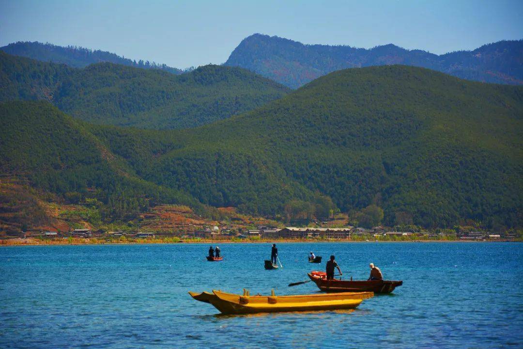 灑向湖面,燦燦的流波閃著金光,豬槽船緩緩划動,泛起層層波紋,星星點點