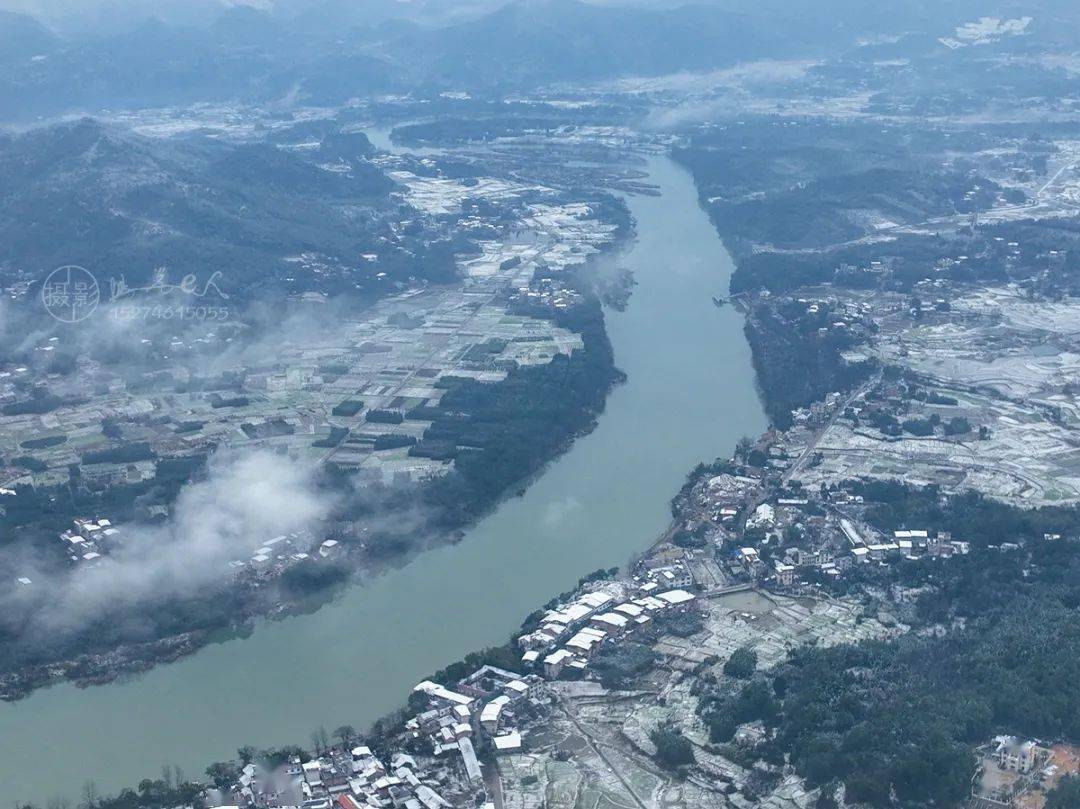 春雪過後航拍東安縣湘江第一灣沉香寺