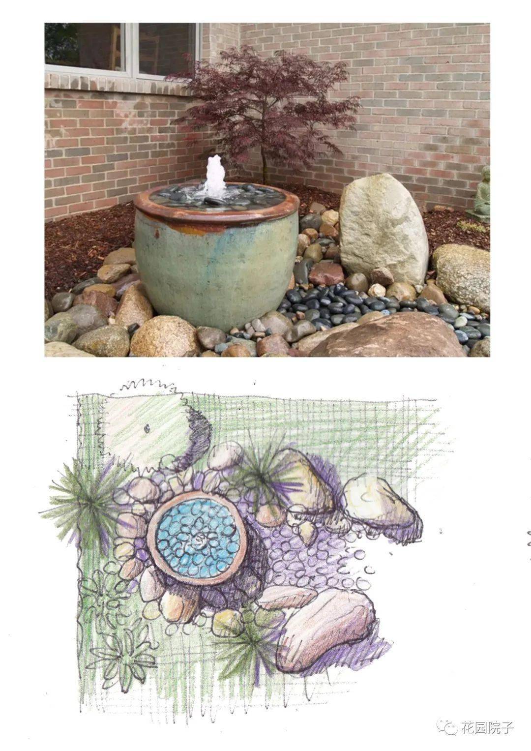 分享几张枯山水日式庭院造景设计手绘图