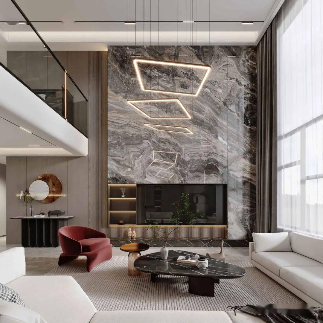 别墅中空客厅背景墙怎么设计99的人选择大理石