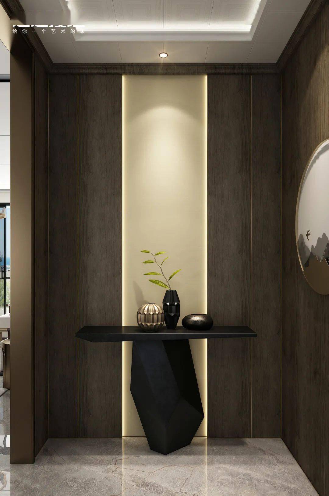 简单的护墙板搭配设计,配上金属几何造型的玄关柜或是软装装饰,给人的