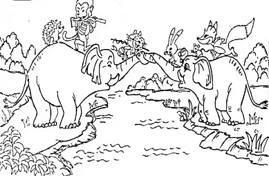 有一天下大雨,桥被水冲走了,小动物们都没法过河.