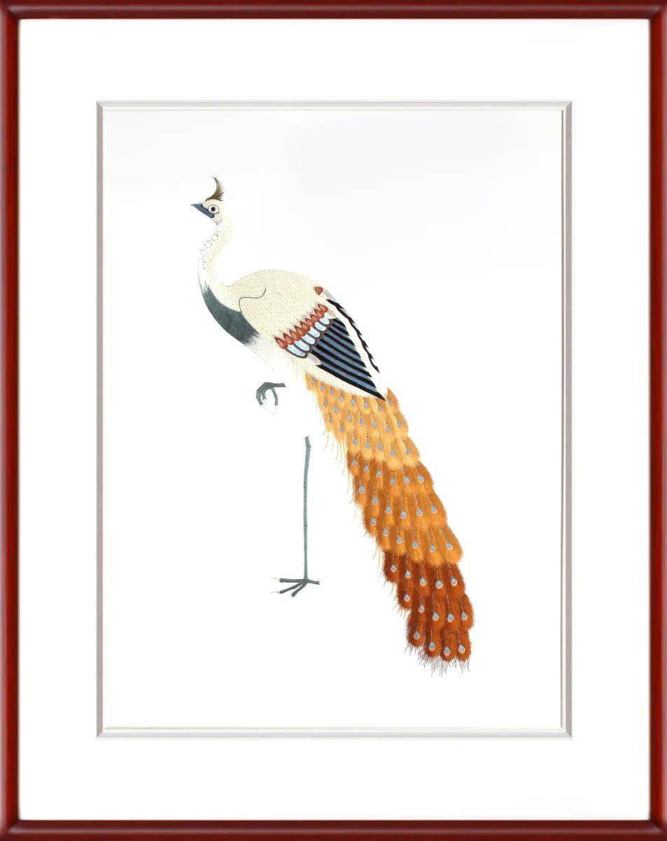 图案复绣"孔雀"孔雀的尾部运用"舒针(撕针)"的绣法,是广绣艺人专用于