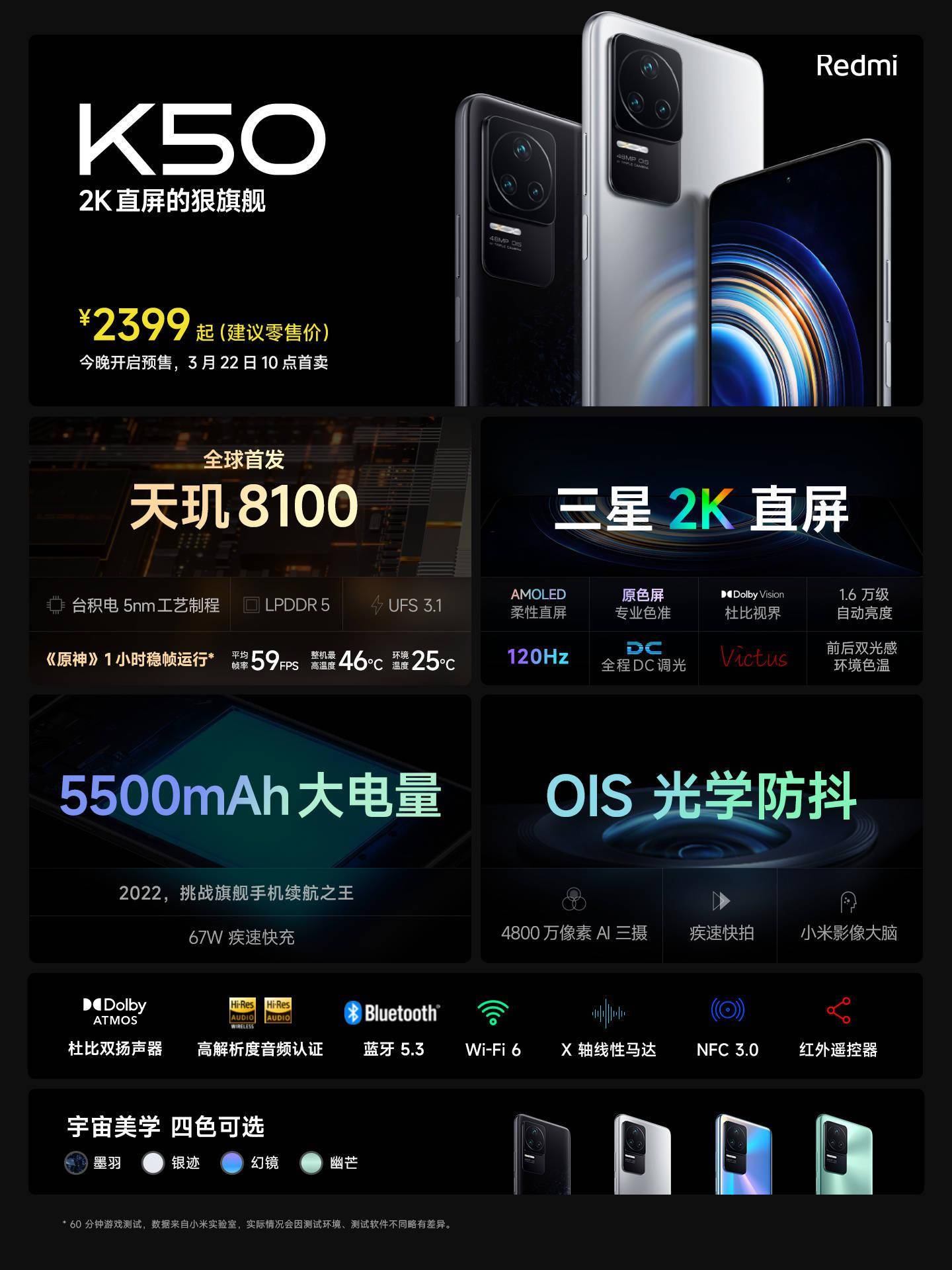 处理器|2399 ~ 2799 元，小米 Redmi K50 标准版正式发布：首发天玑 8100