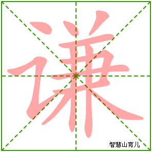 点,横折提,点,撇,横,横折,横,横,竖,竖,撇,捺谦的笔顺:撇,竖,横,横,竖