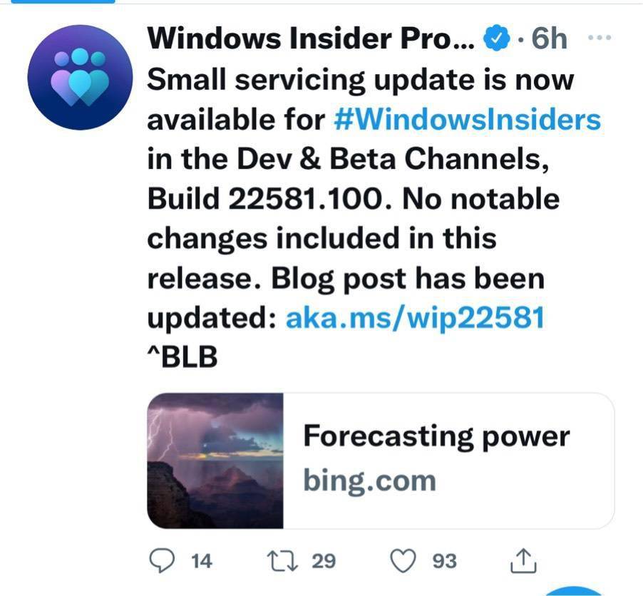 微软测试 Win11 Dev/Beta 通道，推送 Build 22581.100 预览版