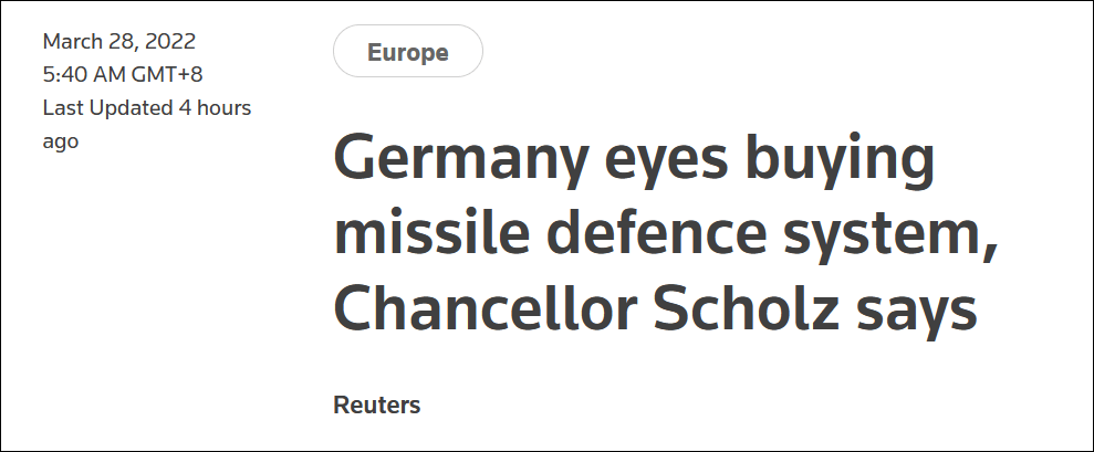 朔尔茨：德国正在考虑购买导弹防御系统抵御俄罗斯