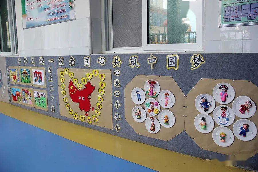 由老师带领小朋友们共同完成的"多彩的民族"主题文化墙别具特色,文化