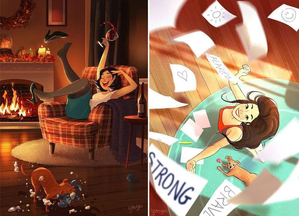 单身生活的幸福感美国插画家yaoyaomavanas画出独居女子与小狗日常