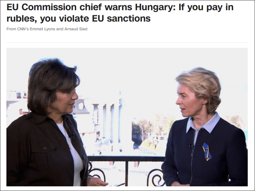 欧盟委员会主席：若匈牙利用卢布向俄买气，将违反制裁规定