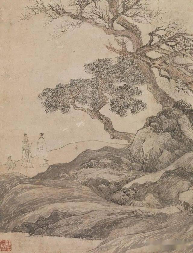 明 唐寅《暮春林壑》轴(局部 台北故宫博物院藏本幅画层岩悬瀑,溪树