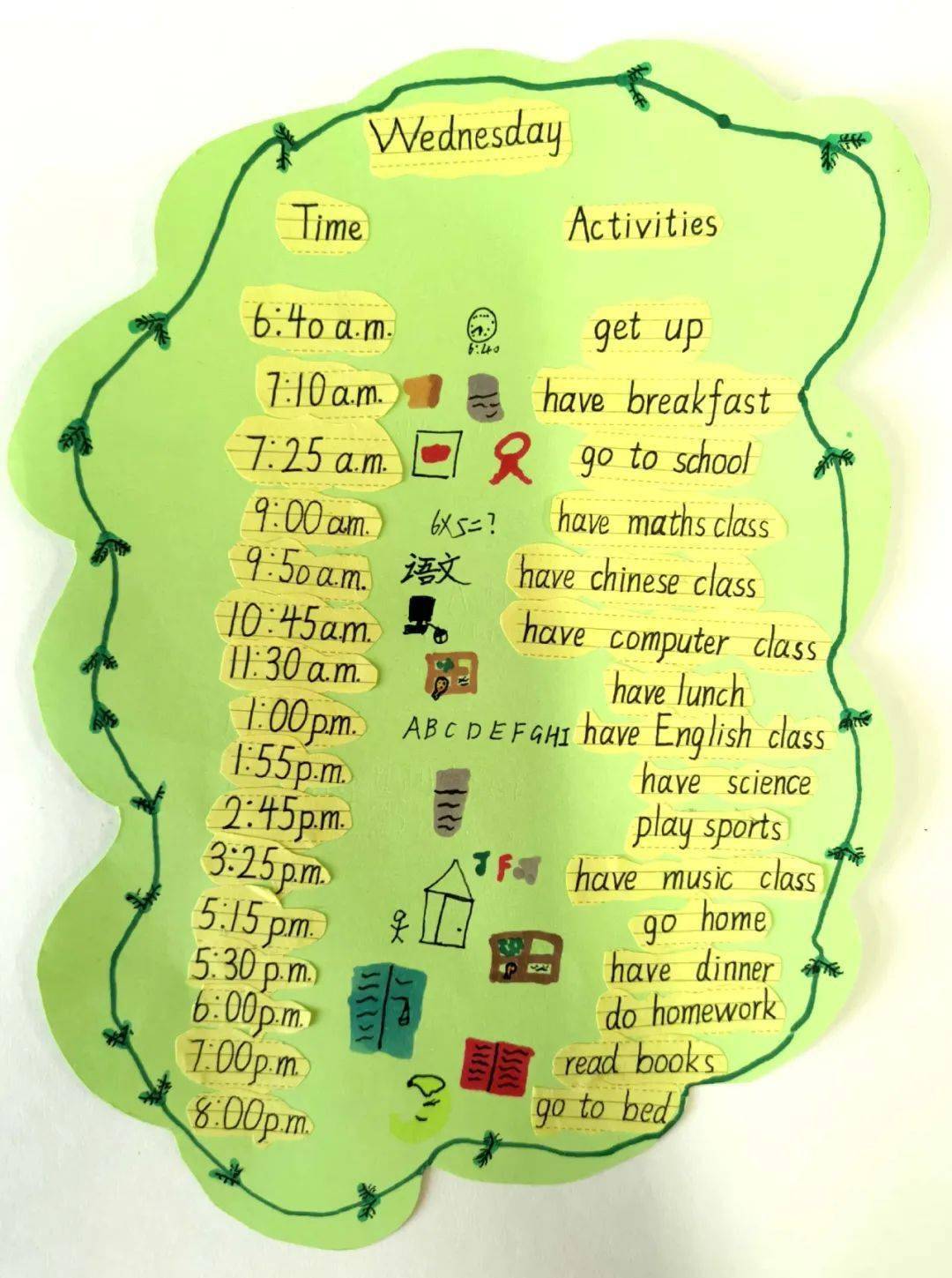 学生设计的timetable课堂上出示学生熟悉的作息时间表和课程表,运用