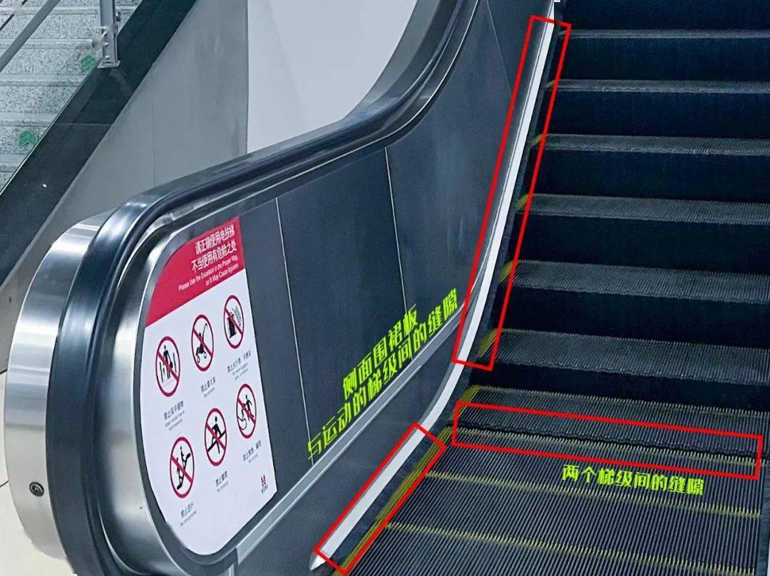 以免摔倒,特别注意两个梯级间的缝隙和侧面围裙板与运动的梯级间的