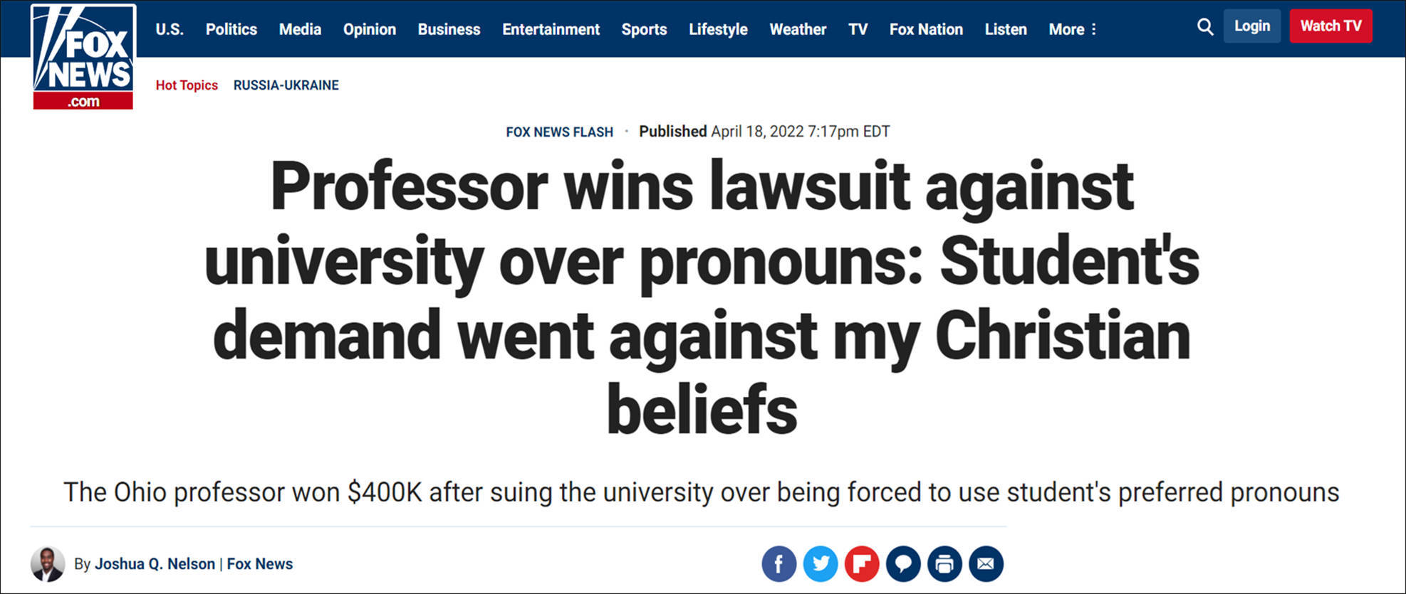 美国教授因拒称男学生为女性被罚，起诉大学后获赔40万美元