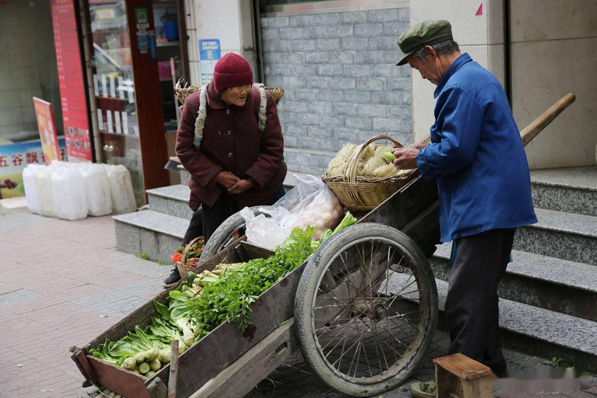 农村大娘走街串巷卖自己种的菜,在石泉县城随时随地都能买到最新鲜的