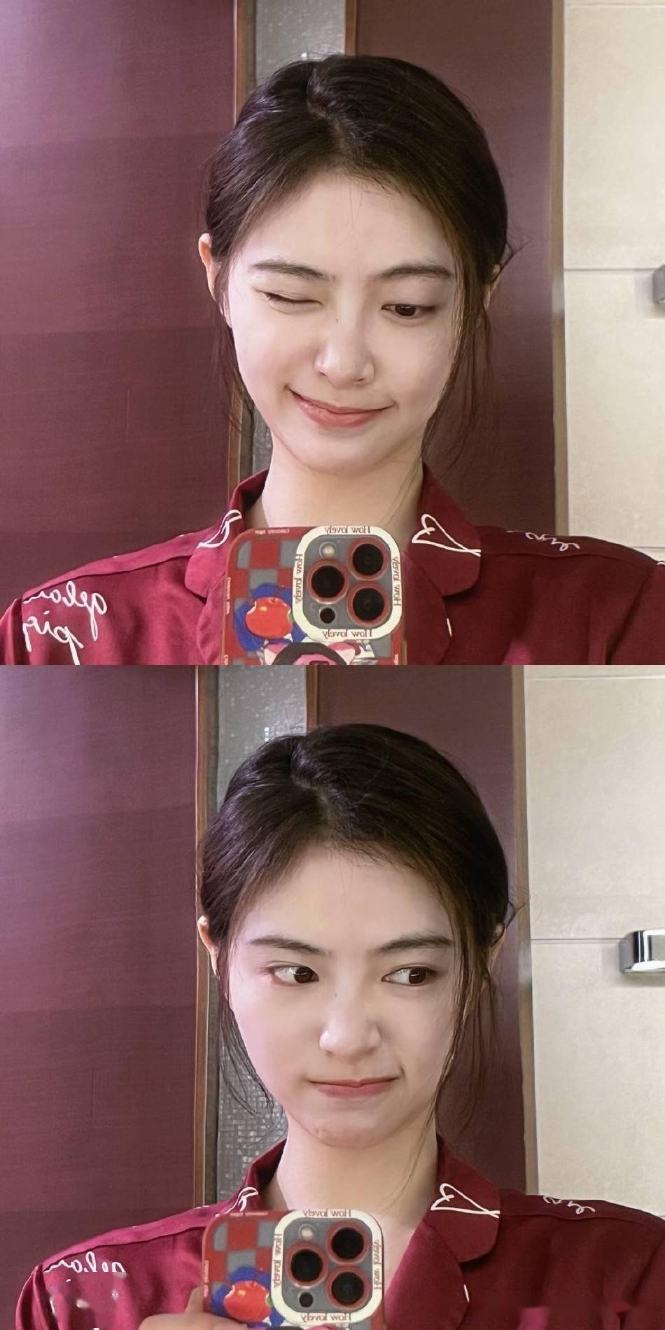 许佳琪穿睡衣对镜自拍俏皮可爱甜笑wink素颜状态能打