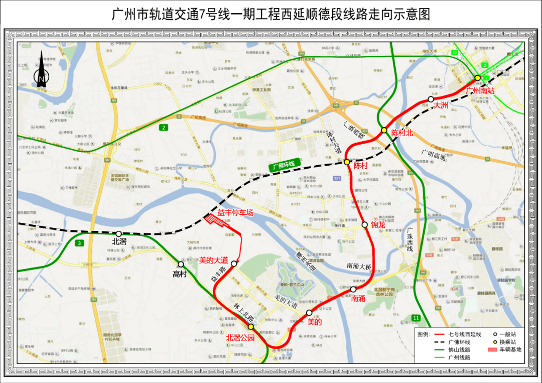 分别为美的大道,北滘公园,美的,南涌,锦龙,陈村和陈村北,广州境内设1