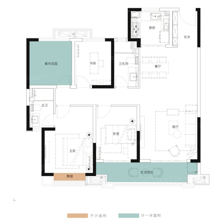 128㎡的四房户型整体布局紧凑,以相对较小的套内面积实现了居住功能的