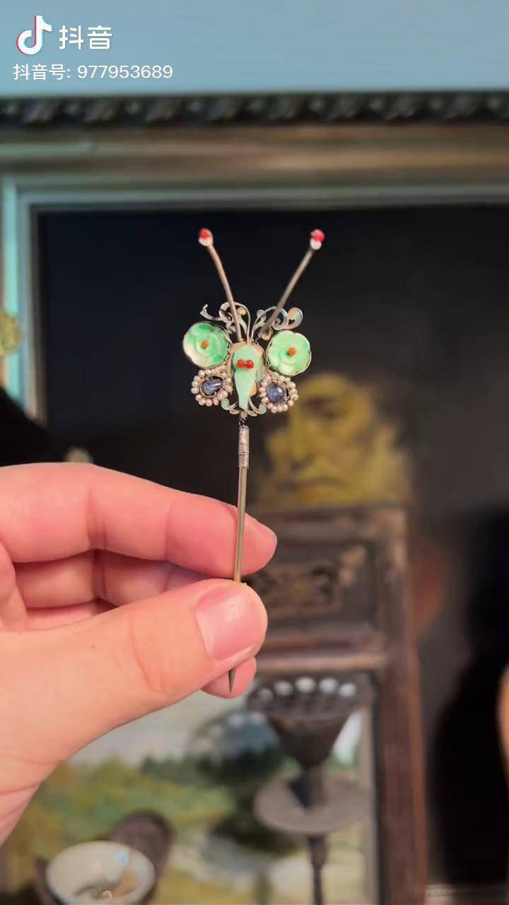 清代银鎏金多宝缉珠点翠蝴蝶簪点翠点翠化蝶翩翩舞缉珠清代多宝簪多宝