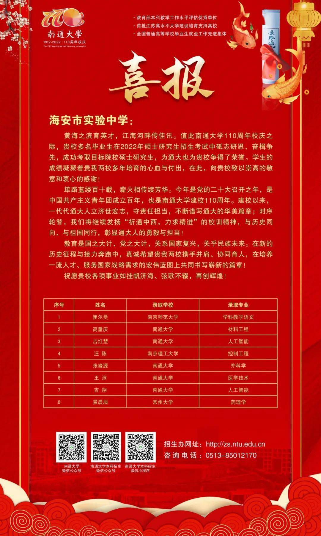 同一天海安俩中学收到喜报