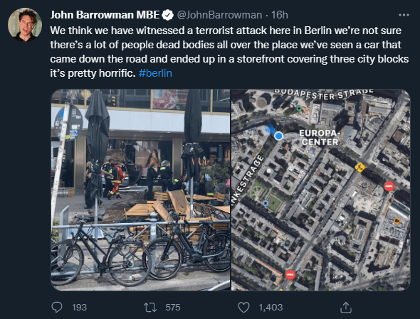 德国一男子驾车闯入柏林闹市冲撞人群，致1死17伤