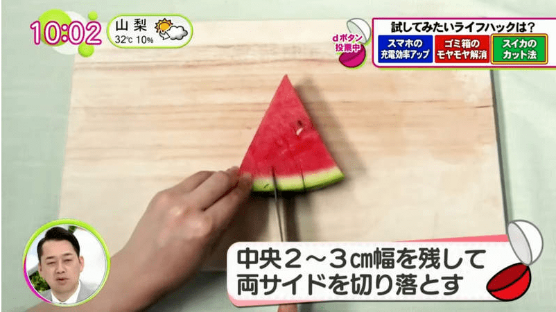 然后像下图这样,在西瓜皮的位置上来两刀▼首先将西瓜切成三角形的小