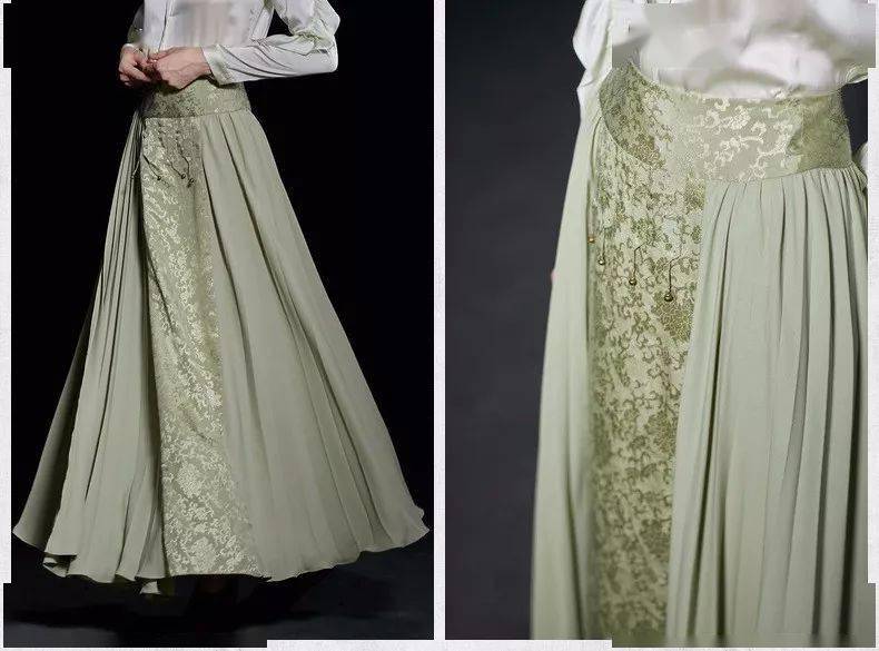 一般的马面裙需要用7幅布,每个裙幅需要3幅半的布做成,"马面"部分光滑