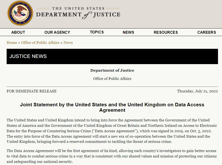 美国与英国达成协议，将可互相访问互联网用户数据