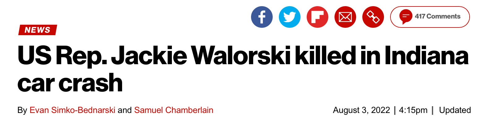 美媒：美国会众议员沃罗斯基在车祸中丧生，这场事故共导致4人身亡