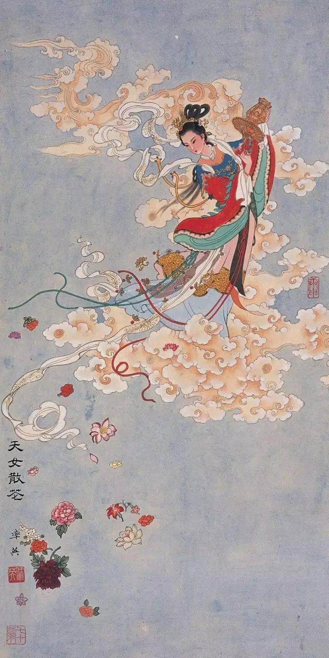 名家欣赏丨任率英《嫦娥奔月》工笔人物作品_中国_月宫_形象